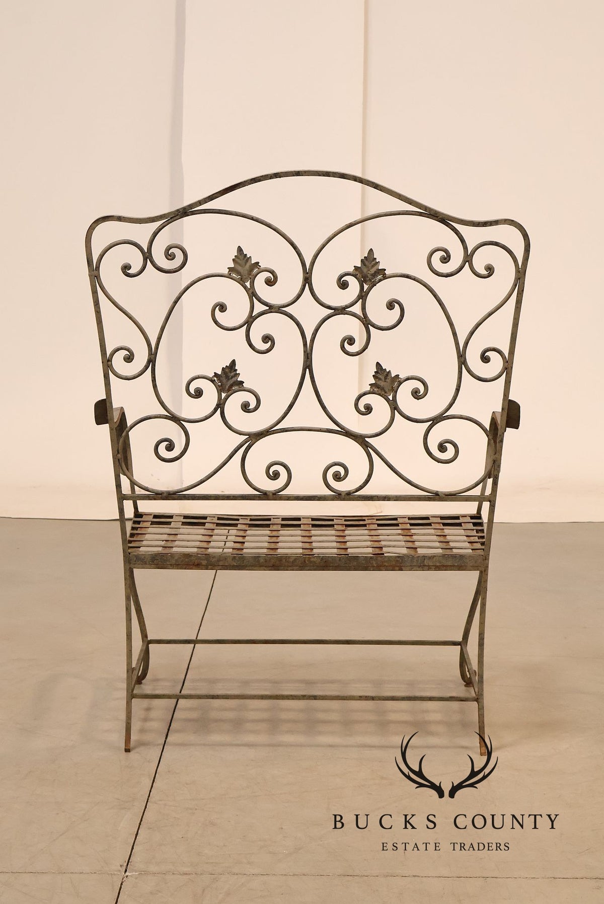 Vintage Wrought Iron Garden Bench With Scrollwork Back