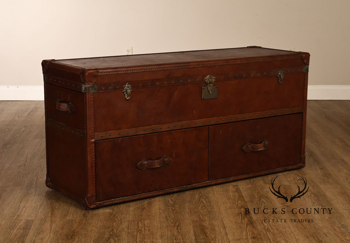 Restoration Hardware Leather Campaign-Style Storage Trunk With Drawers