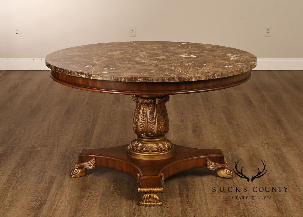 Drexel Neoclassical Revival Round Marble Top Pedestal Dining or Center Table With Claw Feet