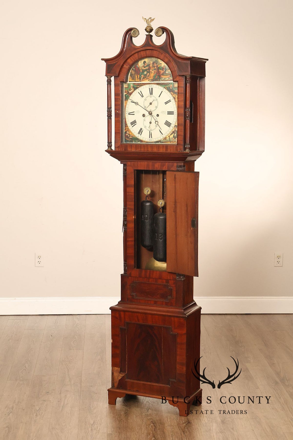 Antique Mahogany Tall Case Grandfather Clock With Painted Dial By Dundee