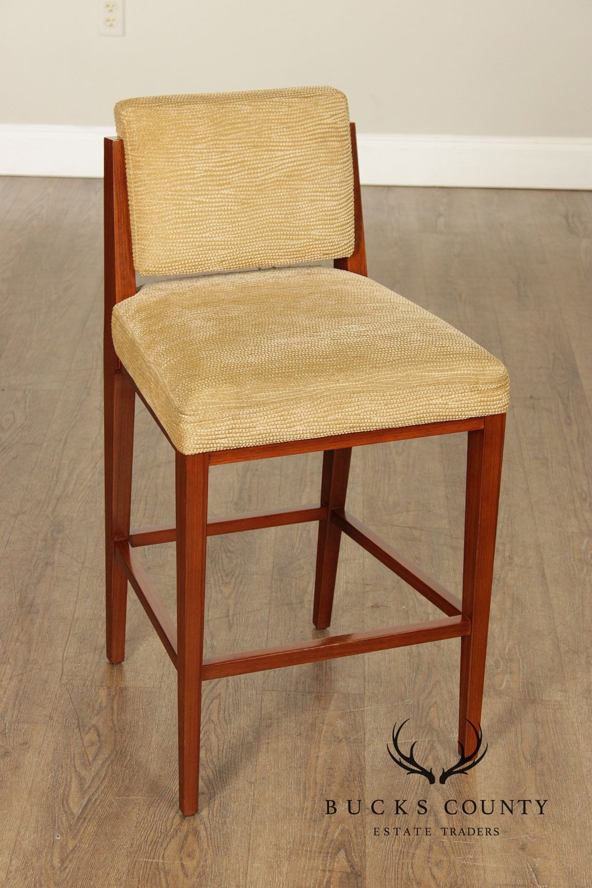 Mid Century Modern Style Set of Four Walnut Upholstered Counter Stools