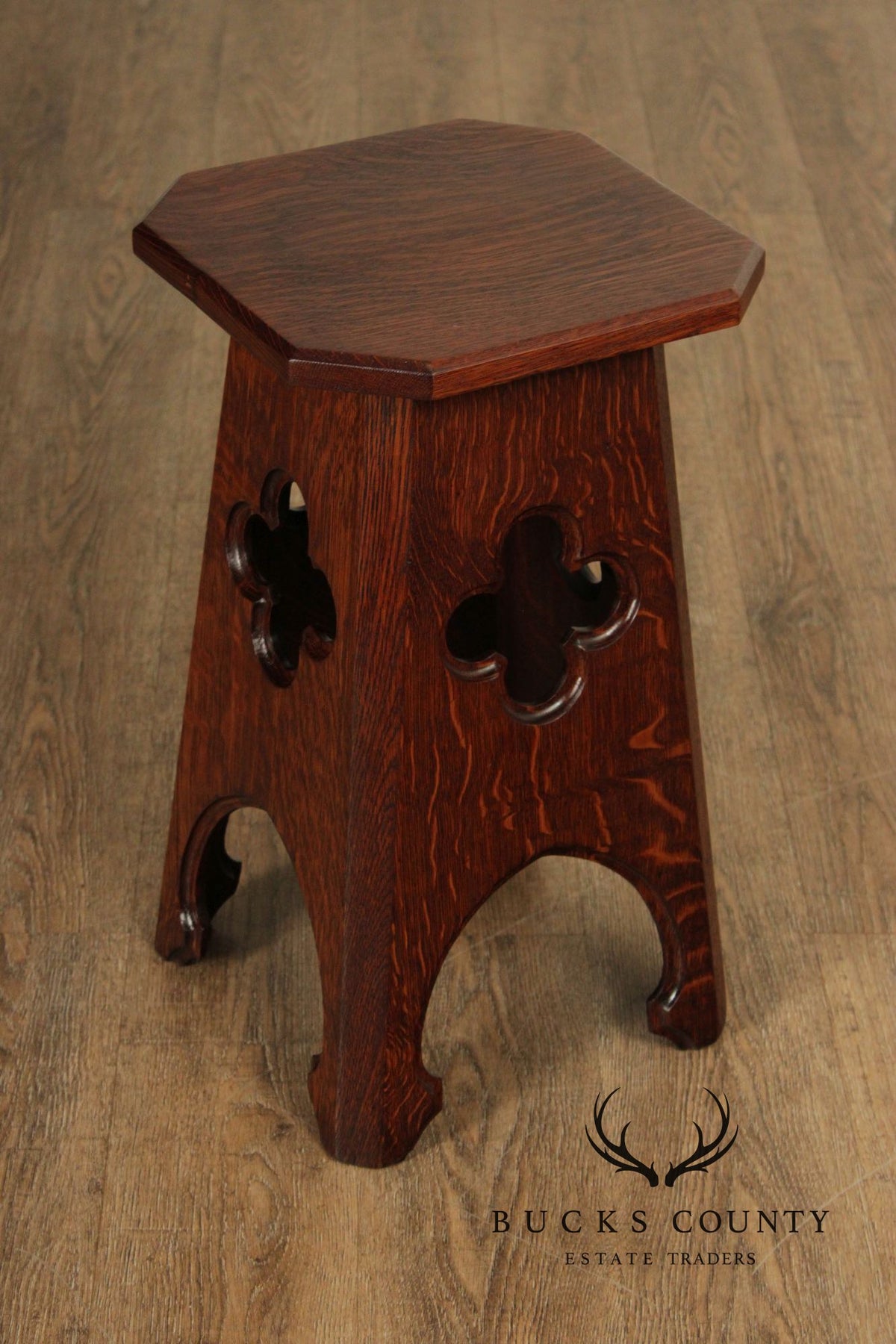 Arts and Crafts Antique Pair of Oak Cut-Out Taboret Side Tables