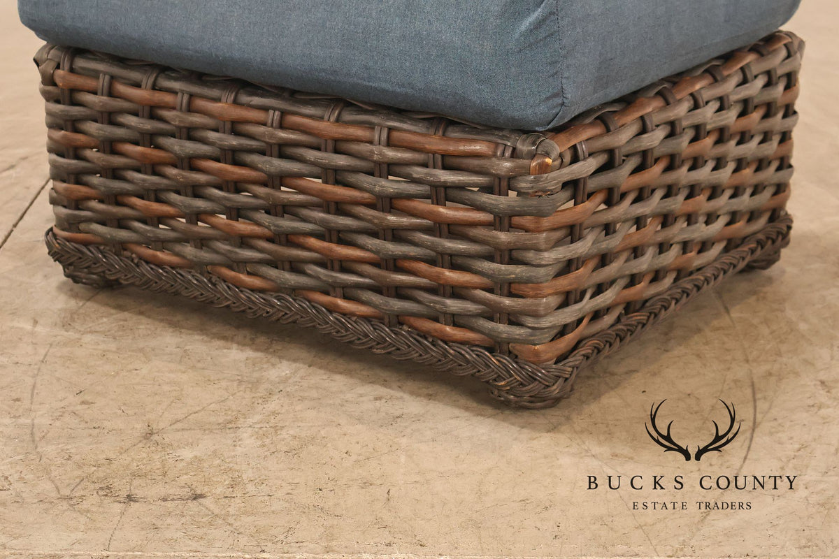 Lane Venture WeatherMaster Pair Of Woven Wicker Outdoor Ottomans With Blue Cushions