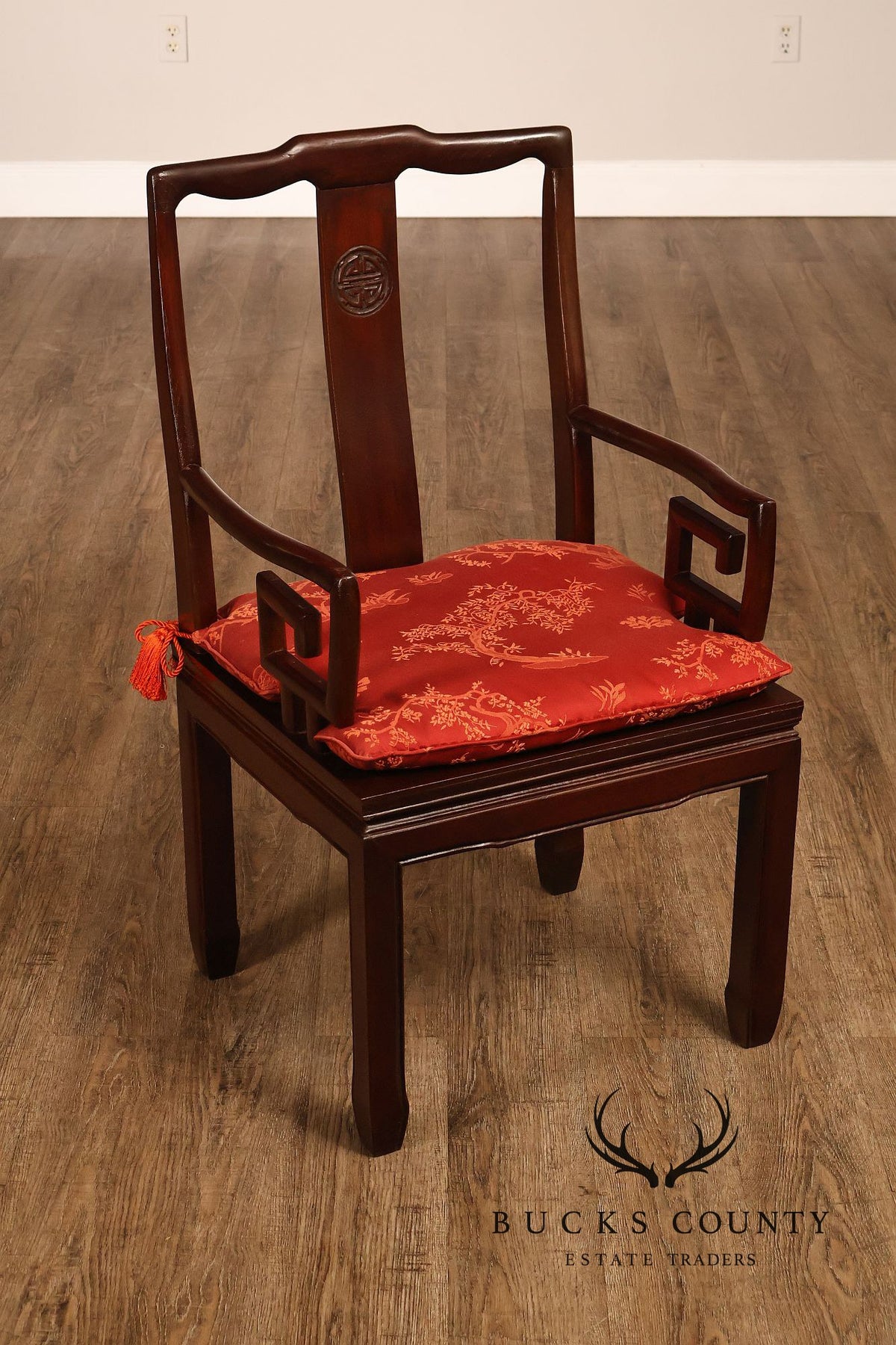 Asian Style Set Of Ten Rosewood Dining Chairs With Red Silk Cushions