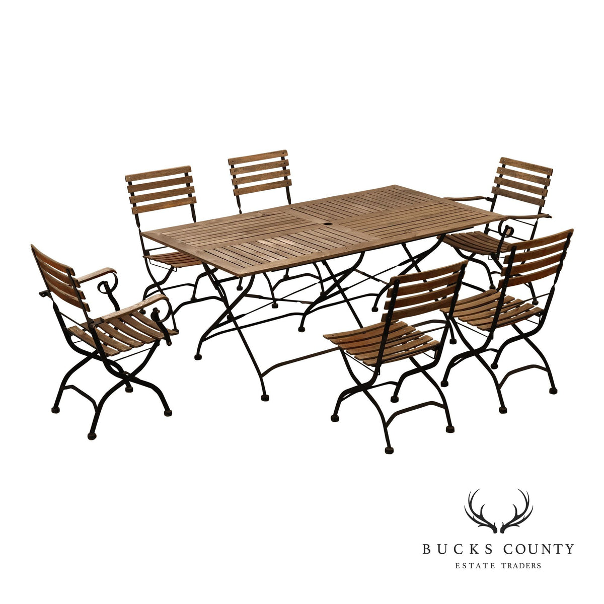 Ballard Designs Giardino 7 Piece Outdoor Dining Set with Teak Table and Iron Chairs