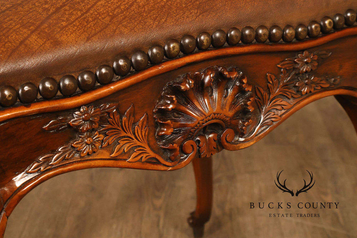 Rococo Style Leather Upholstered Carved Mahogany Window Bench