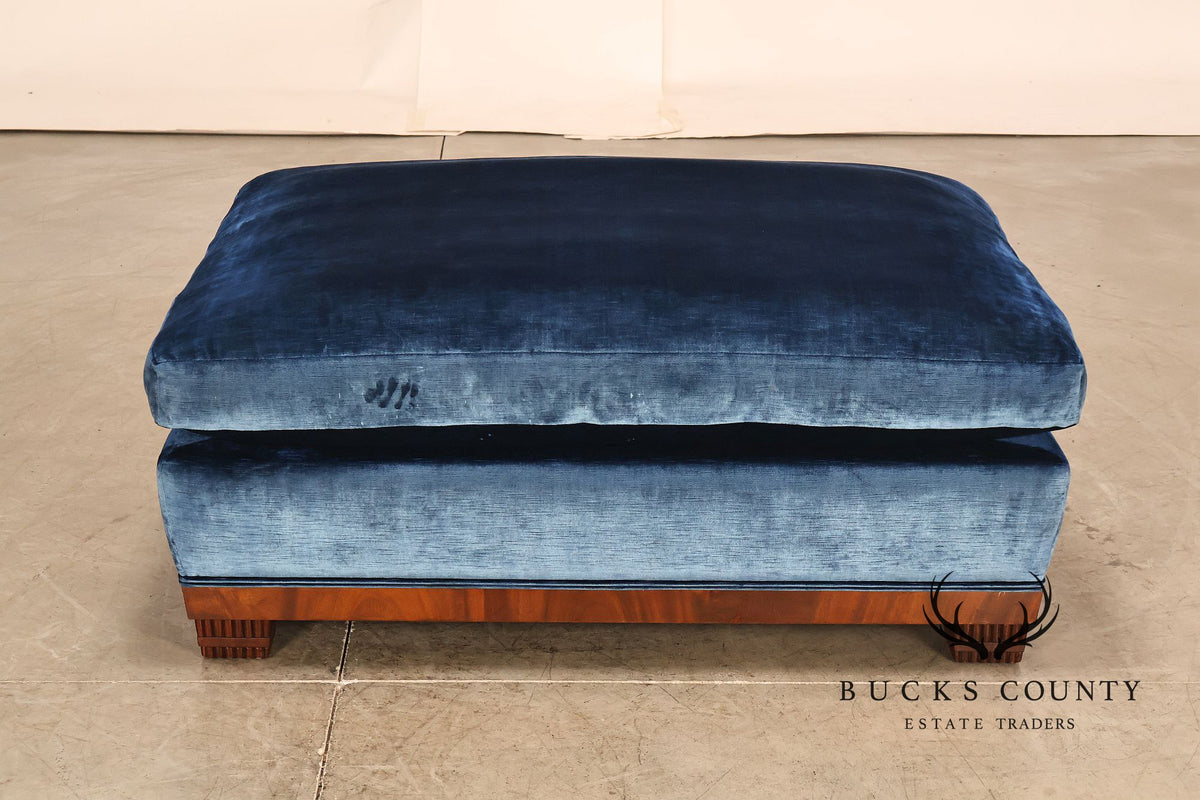 Art Deco Style Large Custom Blue Velvet and Mahogany Ottoman