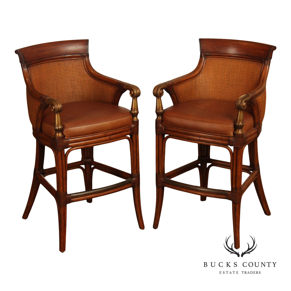 Pair Of Ethan Allen Leather And Rattan Bar Stools