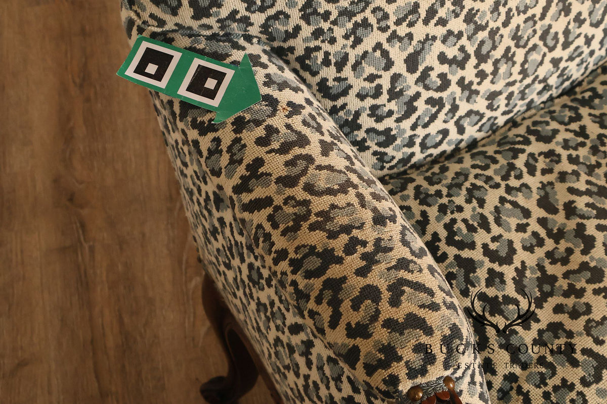 Vintage French Louis XV Style Carved Wood Leopard Upholstered Bergere Armchair
