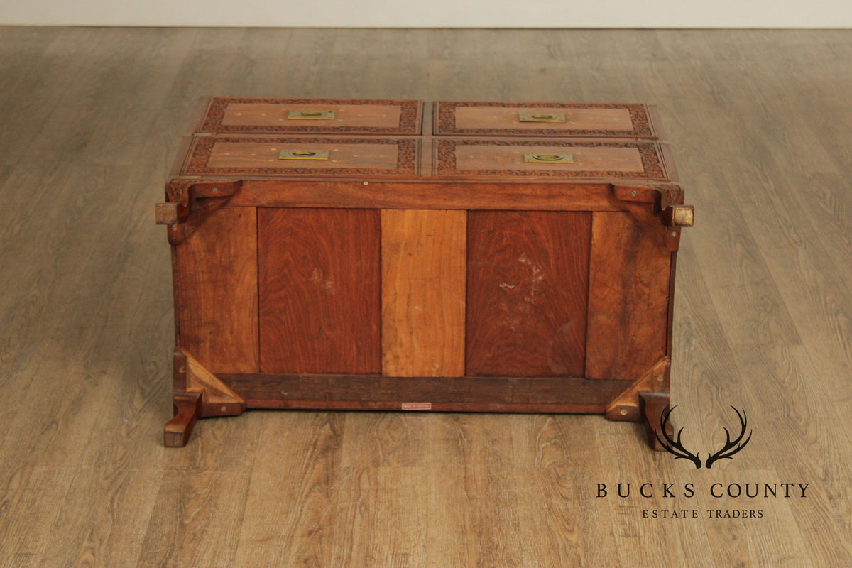 Brass Inlaid And Carved Teak Four Drawer Campaign Chest