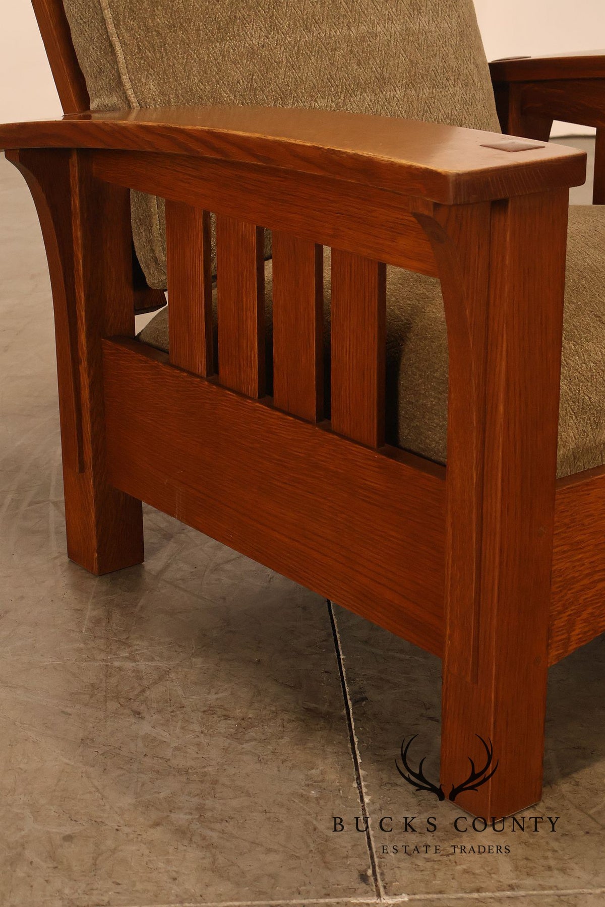 Stickley Mission Collection Oak And Custom Upholstery Bow Arm Morris Chair