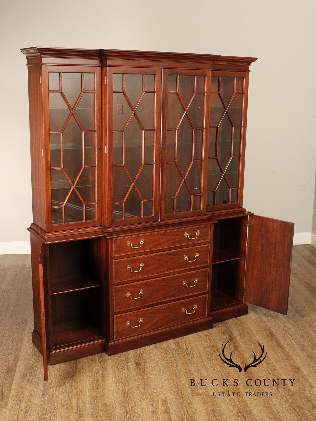 Henkel Harris Georgian Style Inlaid Mahogany Breakfront Bookcase