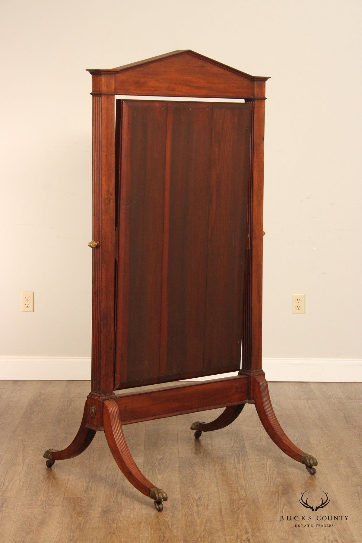 Antique 19th Century Empire Style Mahogany Cheval Mirror On Brass Paw Feet
