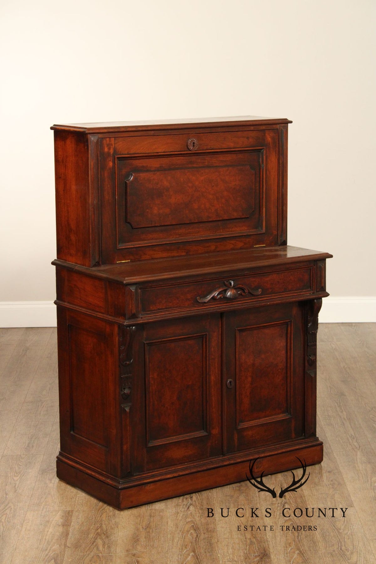 Antique Renaissance Revival Carved Walnut Drop-Front Desk
