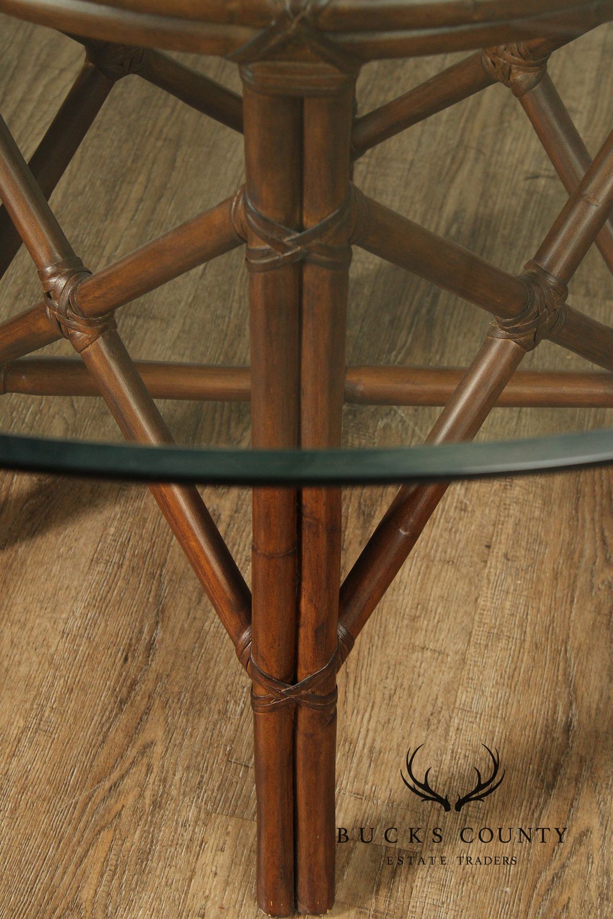 Hollywood Regency Round Glass Top Rattan Dining Table