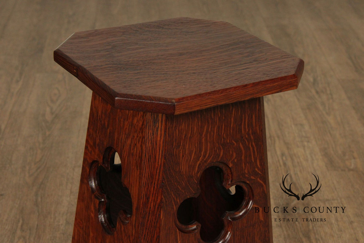 Arts and Crafts Antique Pair of Oak Cut-Out Taboret Side Tables