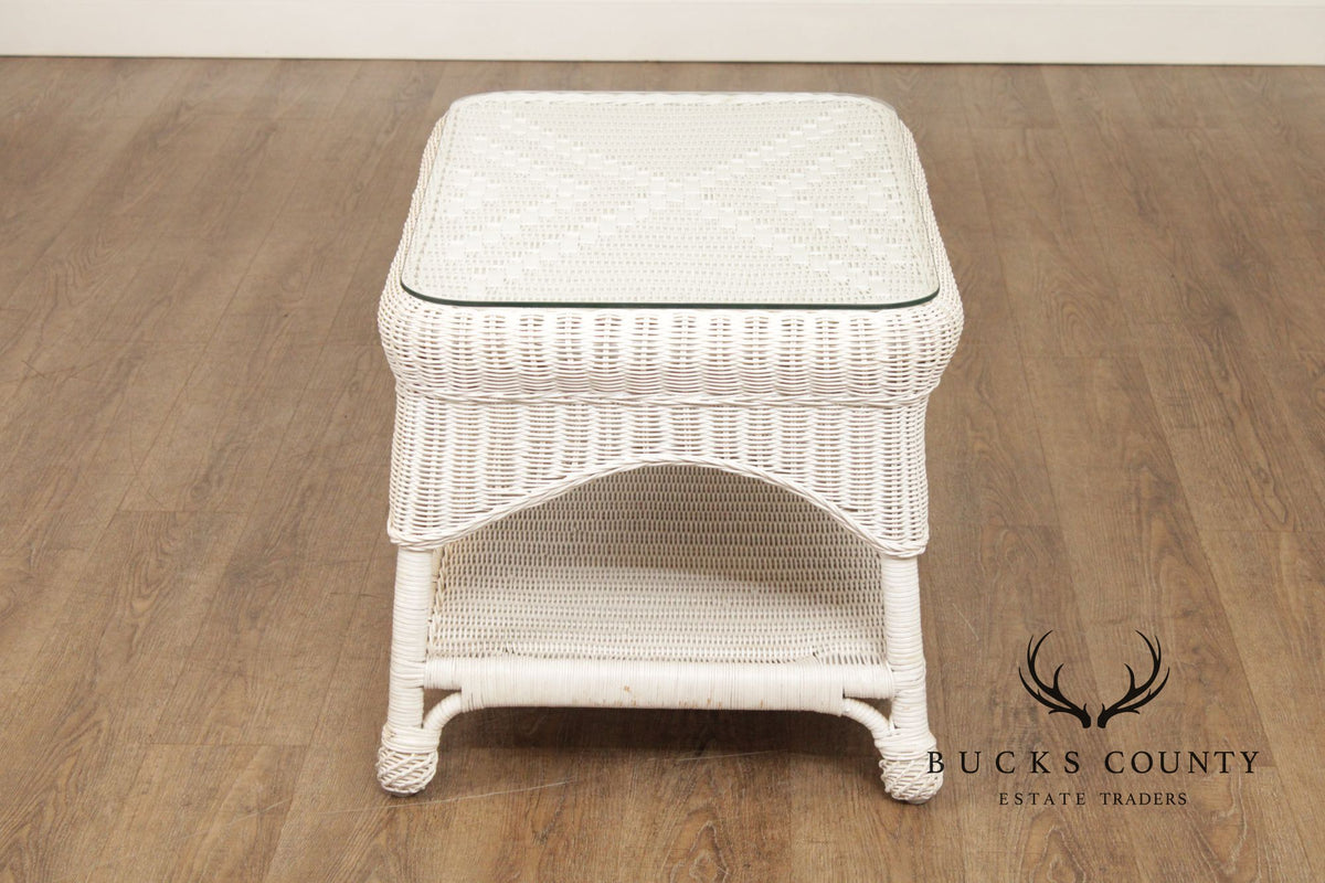 White Wicker Glass Top Coffee Table
