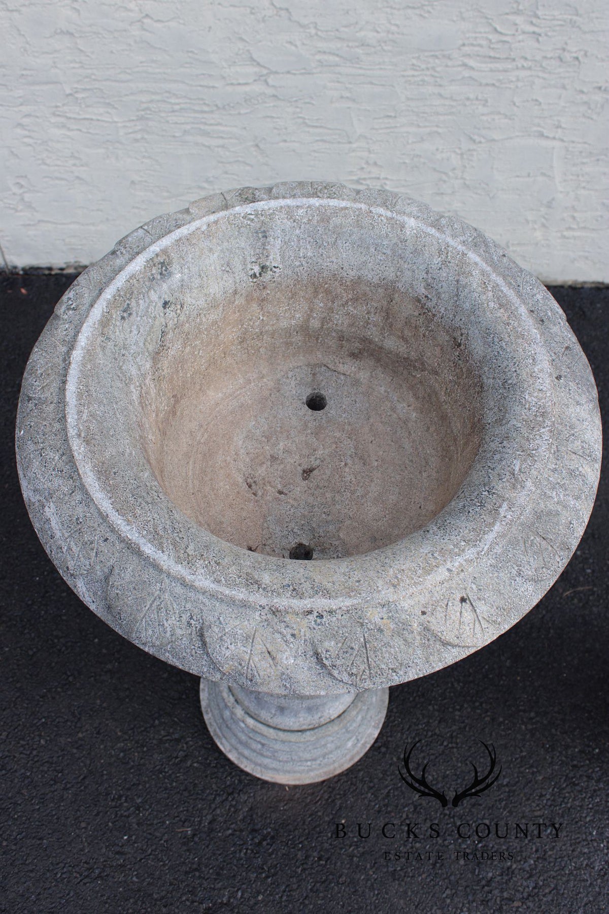 Vintage Pair Of Carved Granite Three-Piece Garden Urns On Pedestals