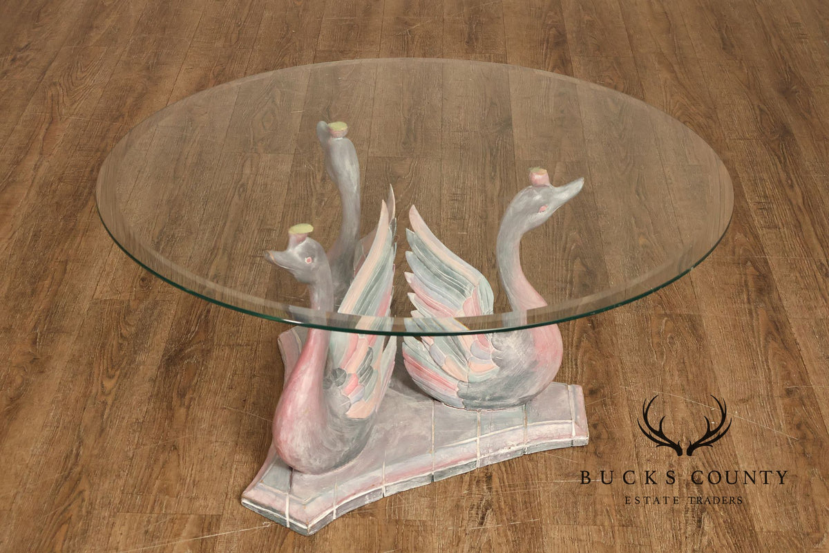 Hollywood Regency Style Swan Form Round Glass Top Center Table