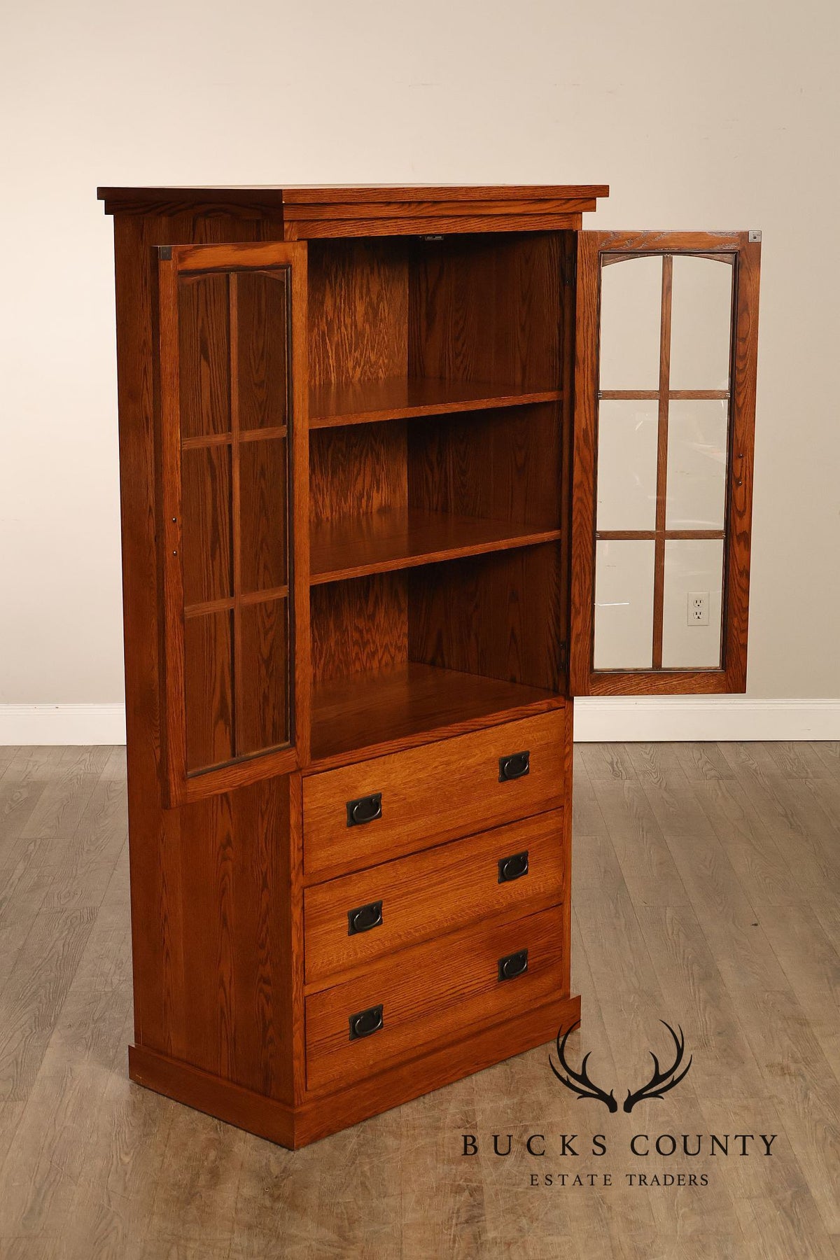 Mission Oak Two Door Display Bookcase Cabinet With Drawers