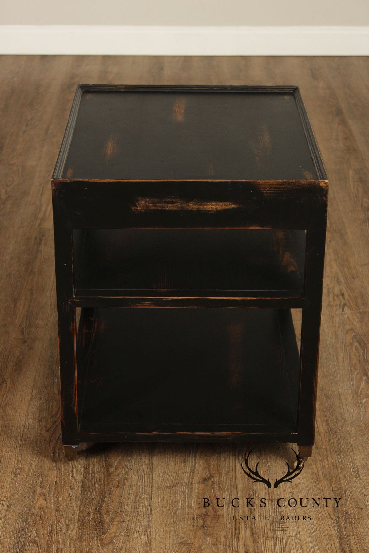 Industrial Style Pair of Ebonized Rolling End Tables