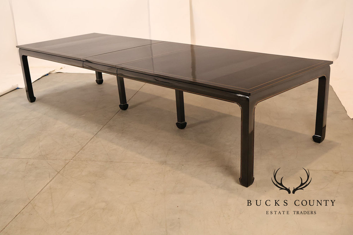 Custom Black Lacquered 12 Foot Extendable Dining Table With Gold Line Inlay