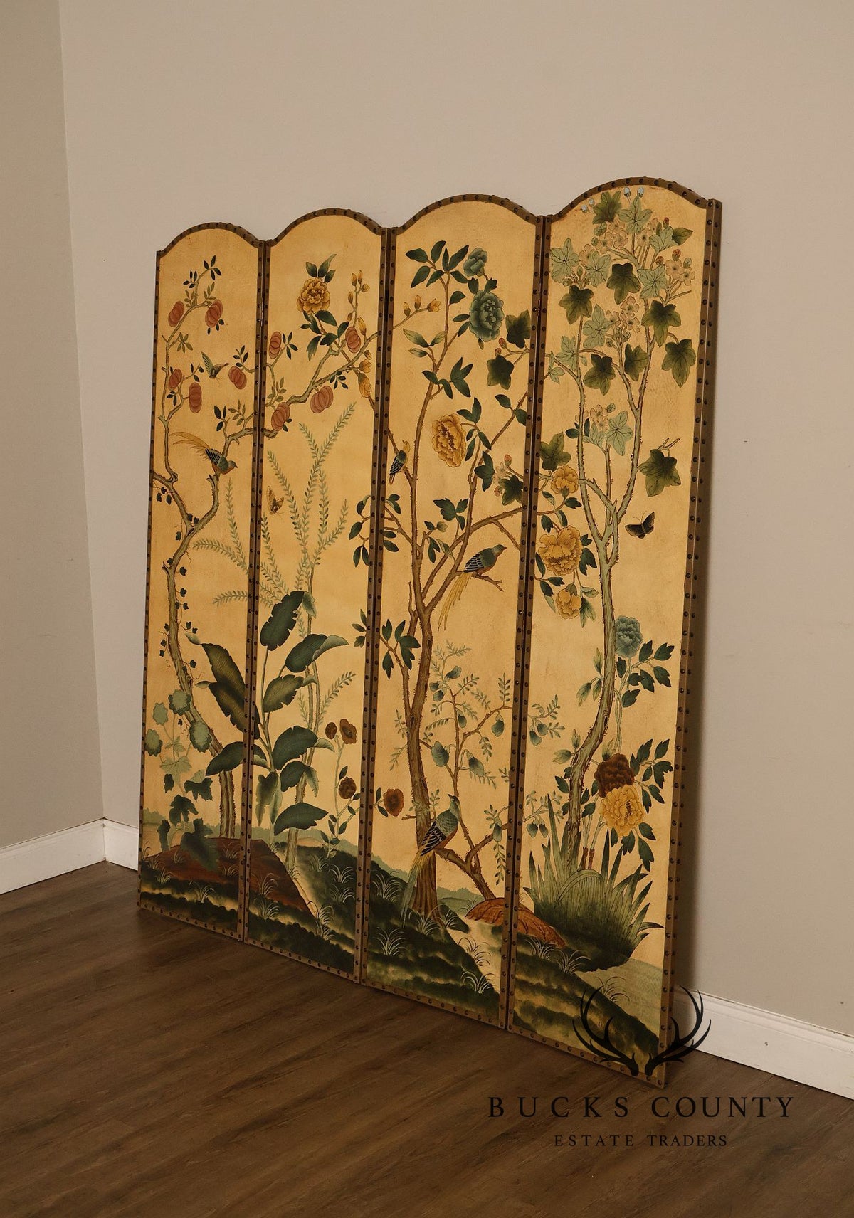 Decorative Crafts Chinoiserie Style Four Panel Hand-Painted Folding Screen