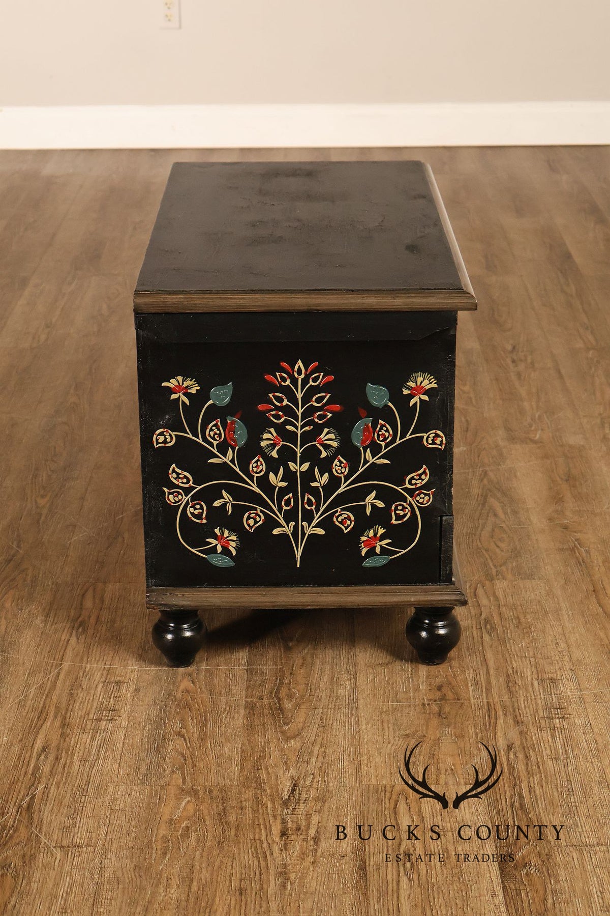 Hand Painted Black Floral Decorated Blanket Chest With Drawer