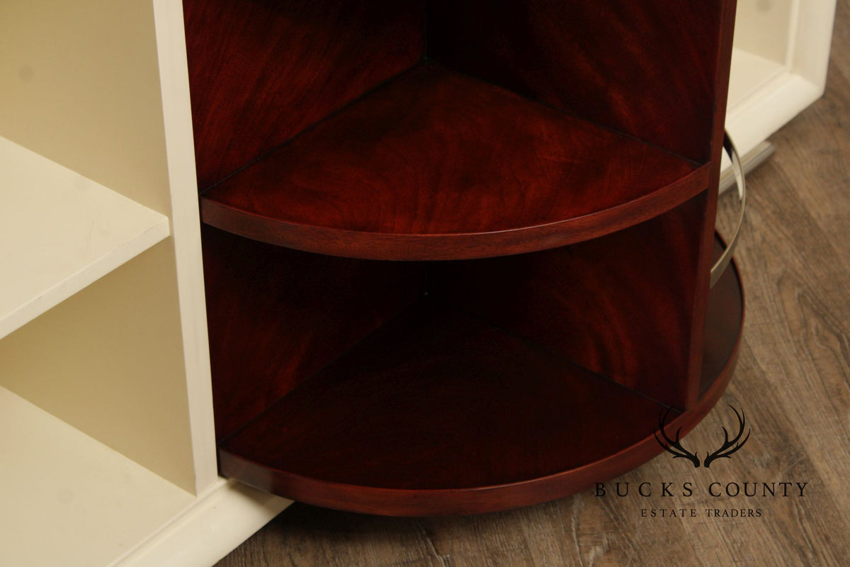 Modern White Lacquer Dry Bar Cabinet With Hidden Mahogany Interior And Rotating Shelves