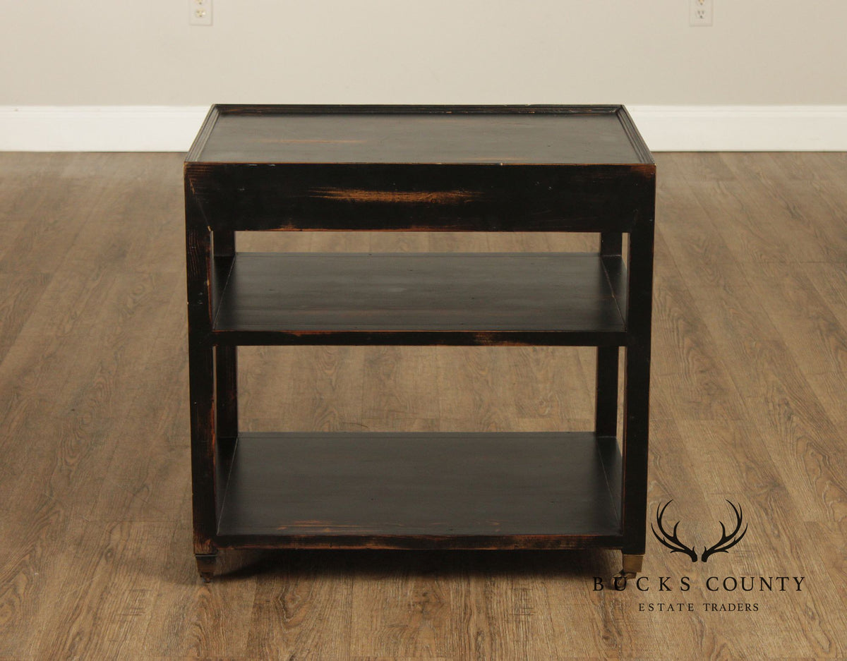 Industrial Style Pair of Ebonized Rolling End Tables
