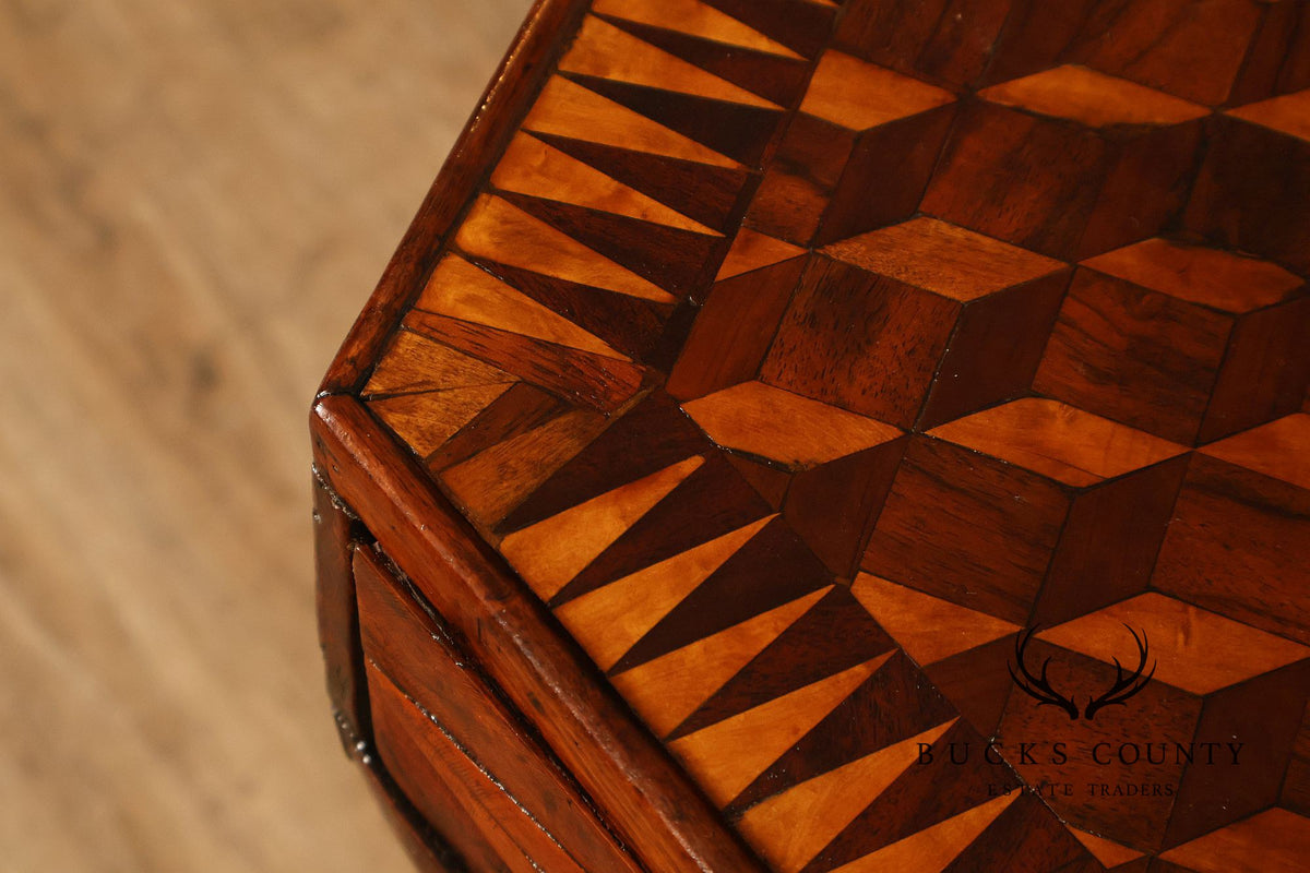Antique British Colonial Game Table Geometric Wood Inlay
