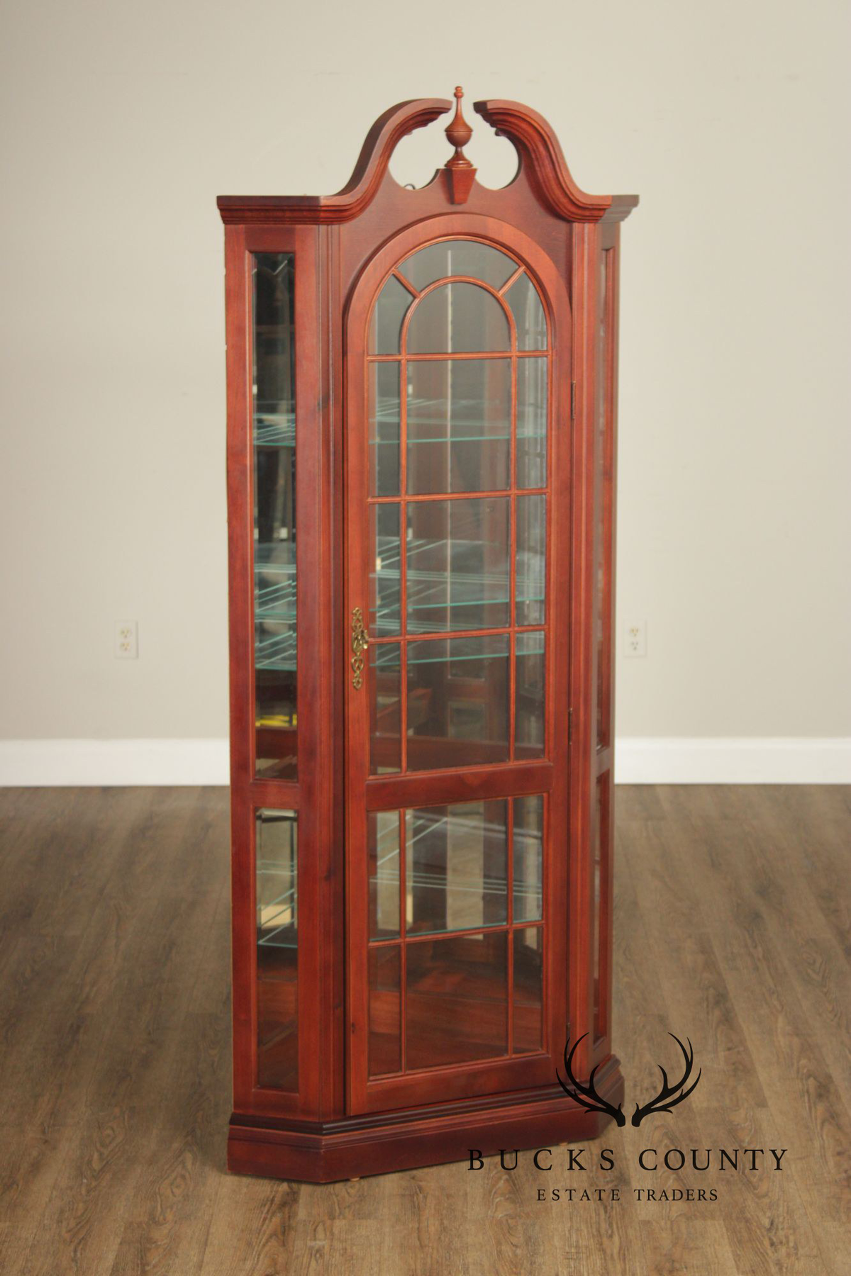 Pulaski Traditional Lighted Cherry Corner Curio Cabinet With Arched Pediment
