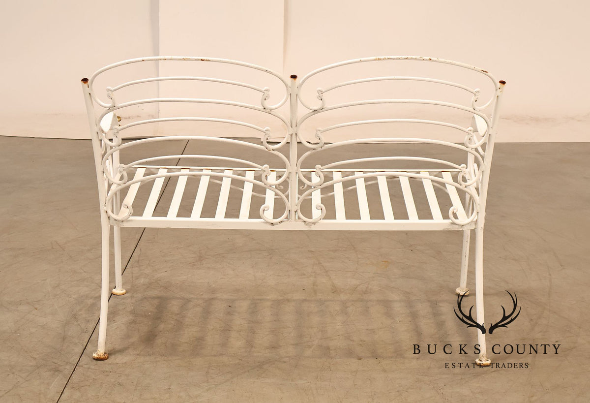 Woodard Vintage White Painted Wrought Iron Garden Bench With Scrollwork Back
