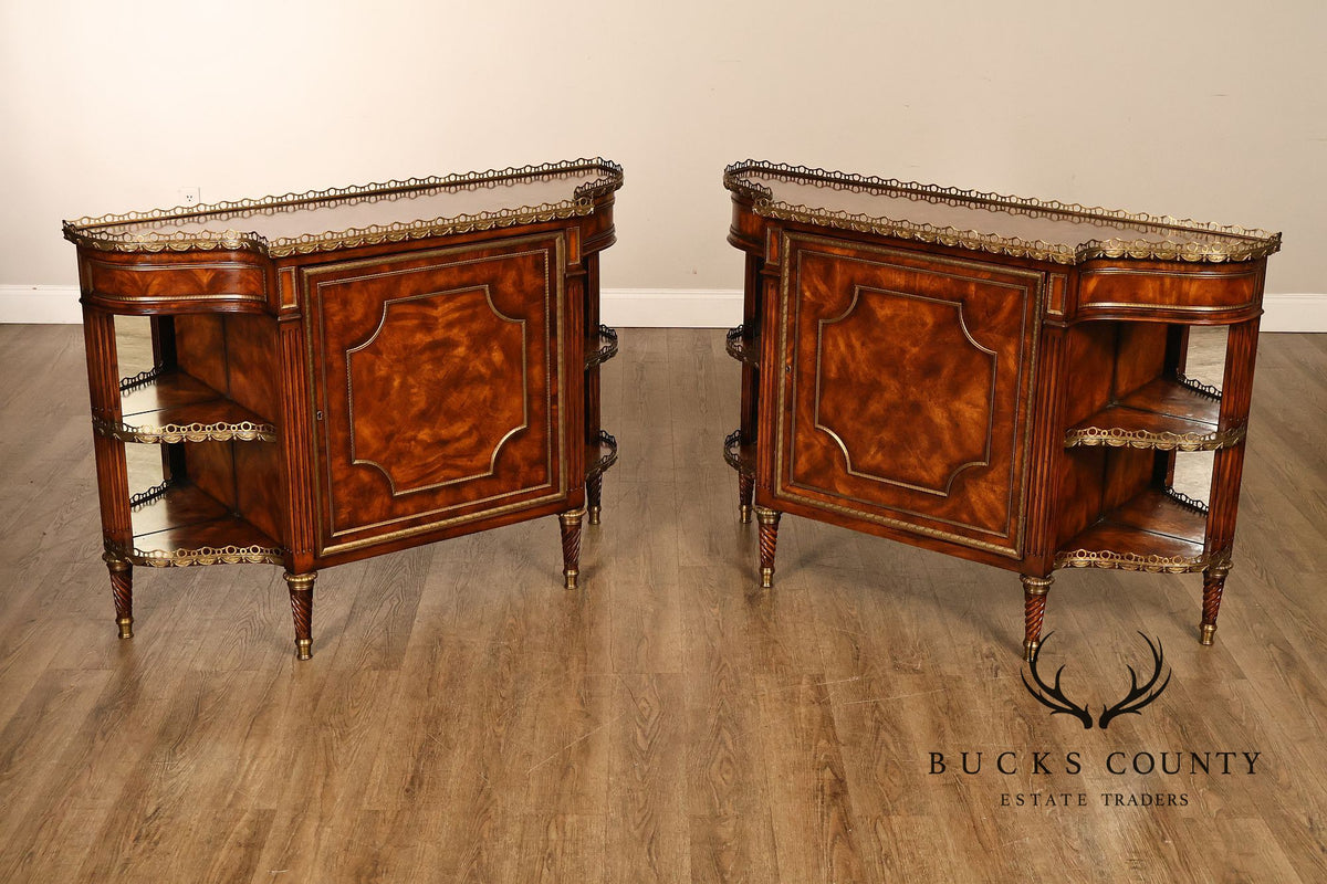 Theodore Alexander French Louis XVI Style Burl Wood Brass Mounted Gallery Top Pair Of Side Cabinets