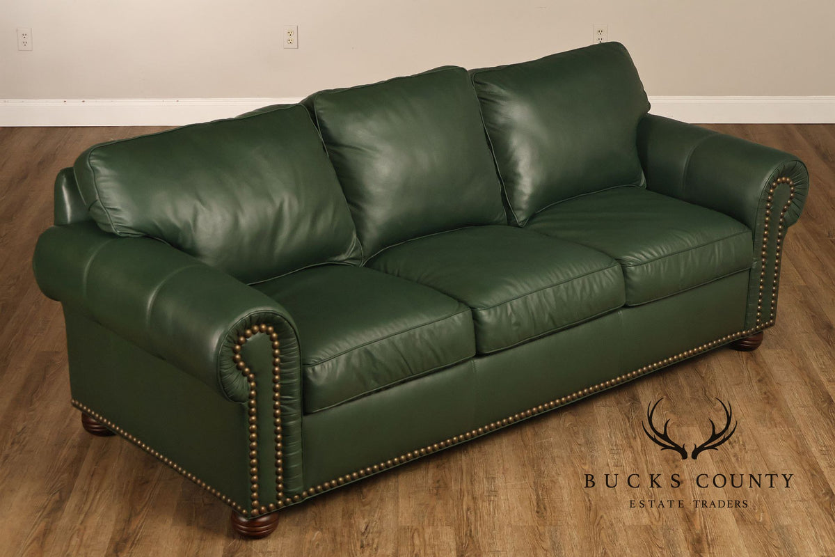 Green Leather Sleeper Sofa with Nailhead Trim