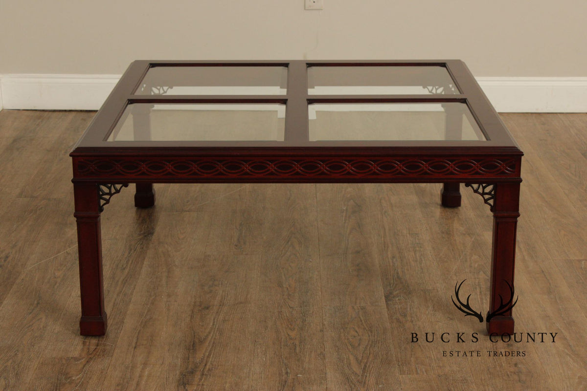 Kindel Chinese Chippendale Style Glass Top Mahogany Coffee Table