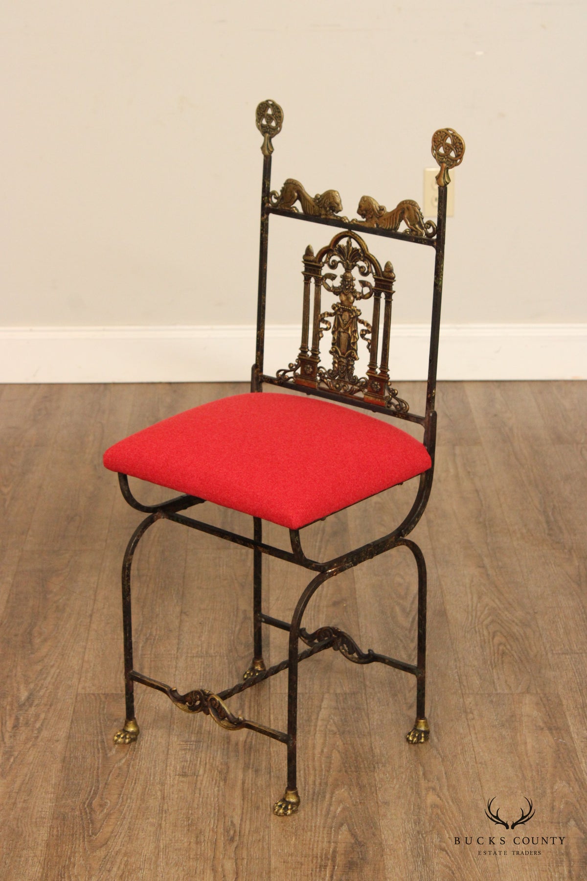 Oscar Bach Attributed Tudor Revival Style Bronze and  Iron Side Chair