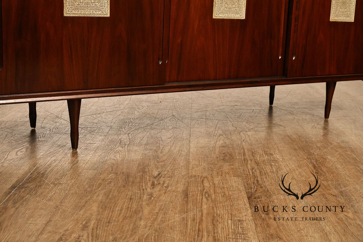 Mid Century Modern Walnut Buffet Sideboard With Decorative Tile Inlays