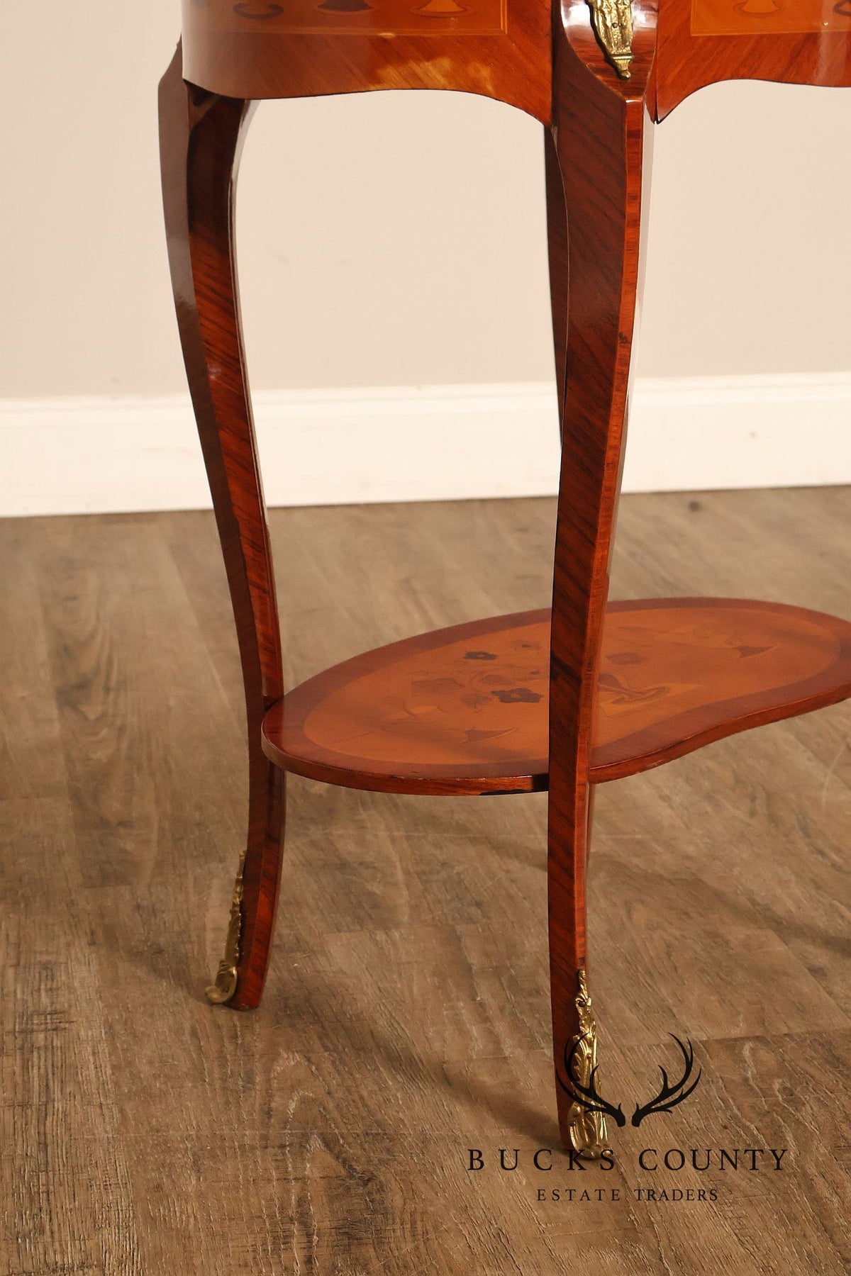 French Louis XVI Style Inlaid Oval Accent Table With Ormolu Mounts