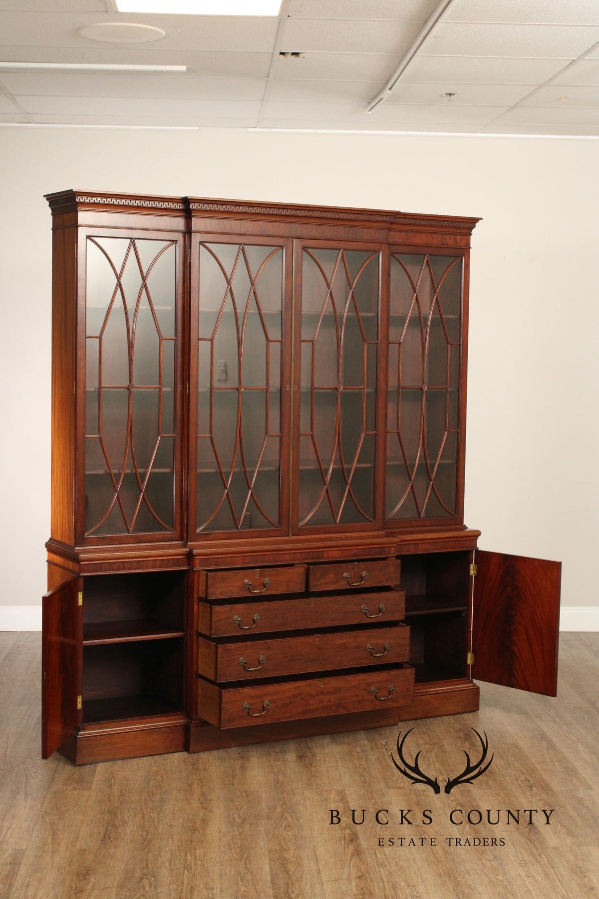 Regency Style Mahogany Breakfront Bookcase Cabinet