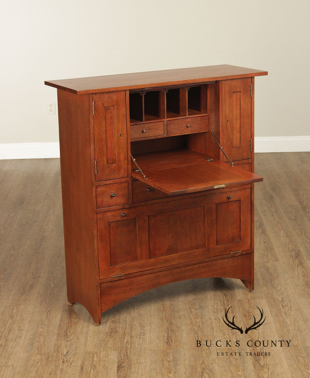 Stickley Mission Oak Harvey Ellis Inlaid Drop Front Secretary Desk And Wine Cabinet
