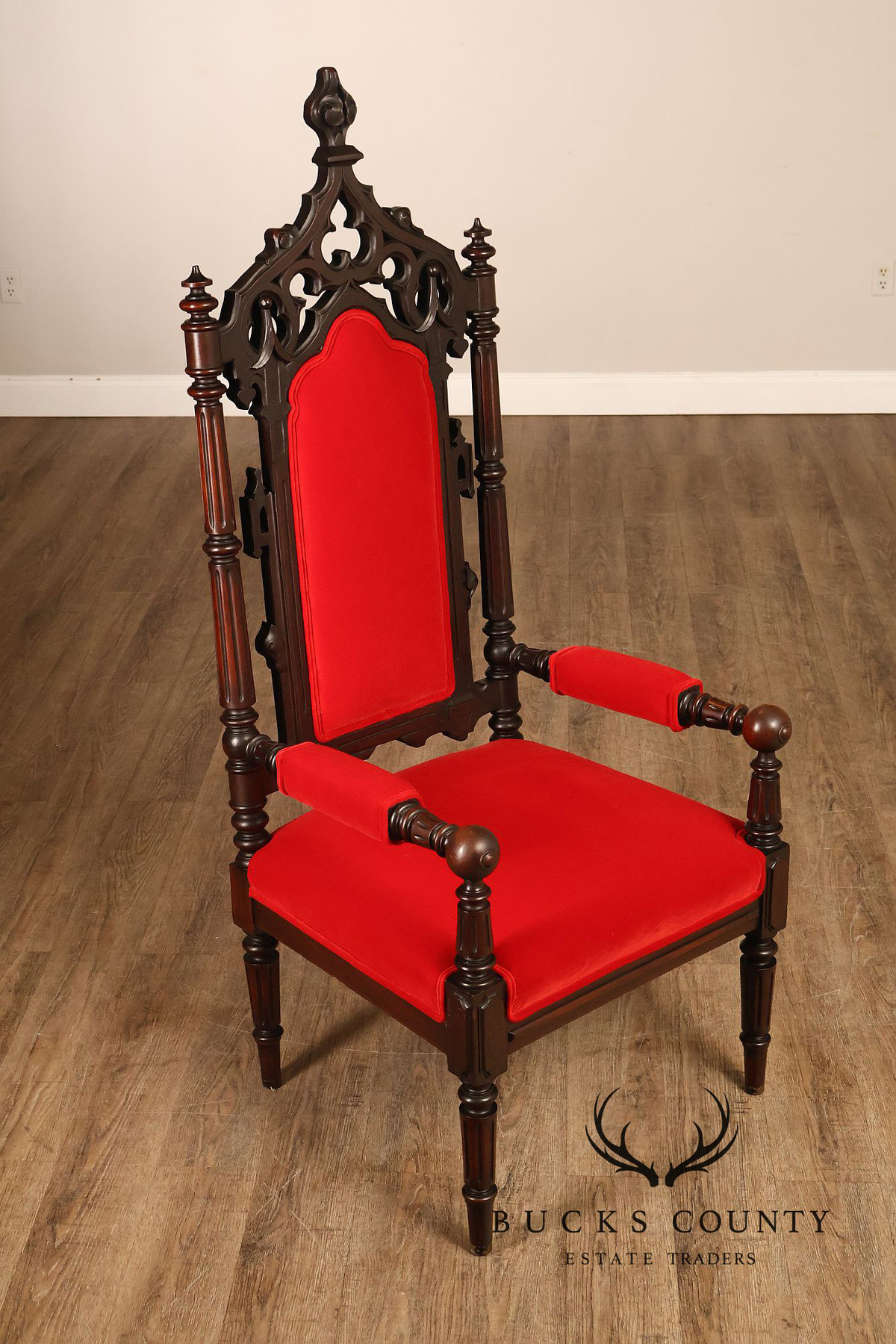 Gothic Revival Walnut Carved Wood Throne Pair Of Armchairs