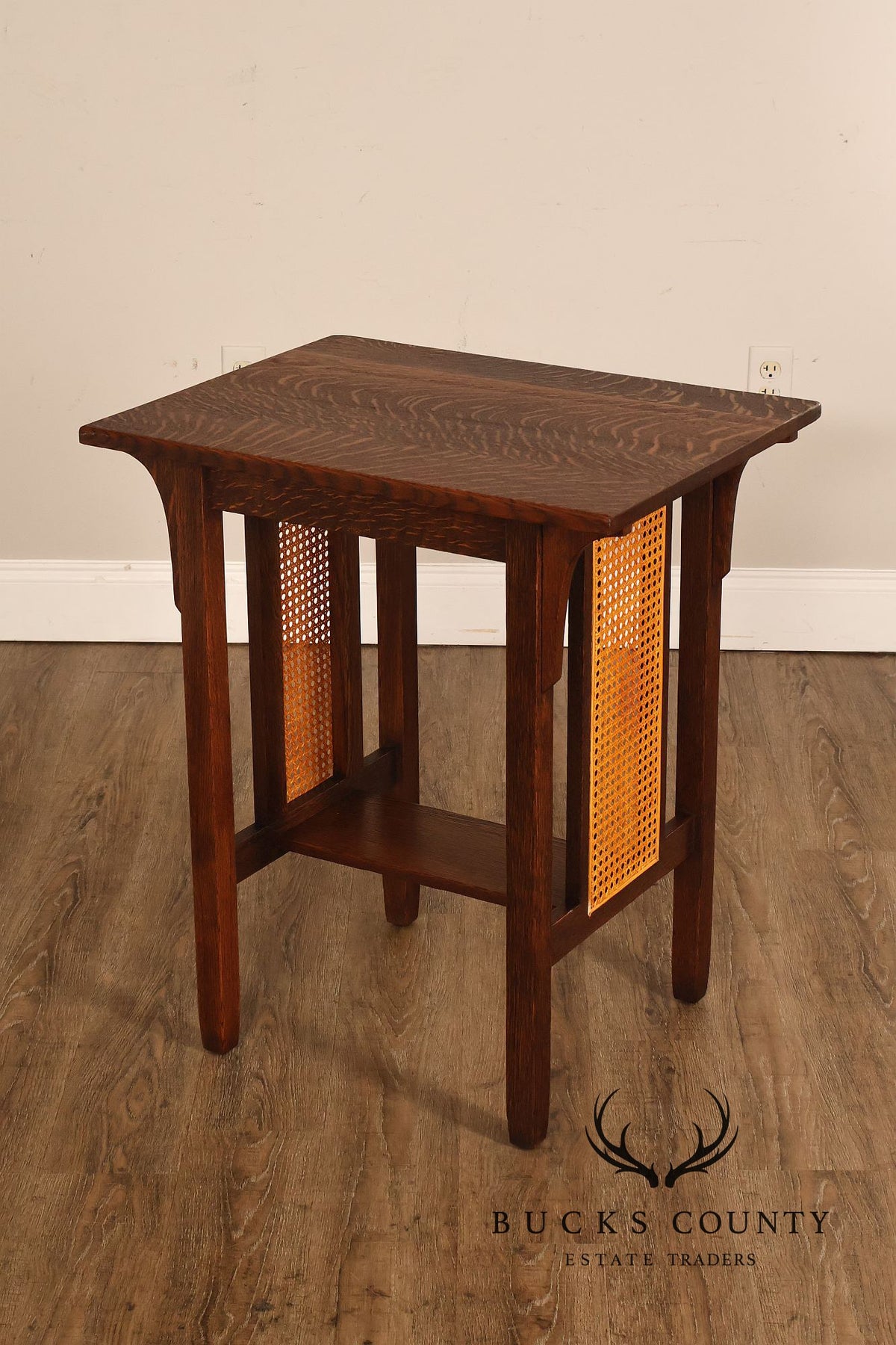 Antique Stickley Brothers Arts & Crafts Oak Side Table With Cane Panels
