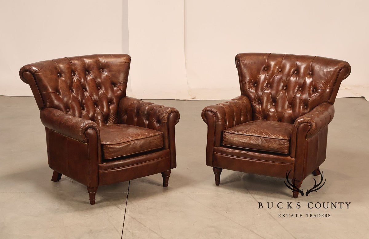 Moe's Home Collection Pair of Tufted Distressed Brown Leather Armchairs