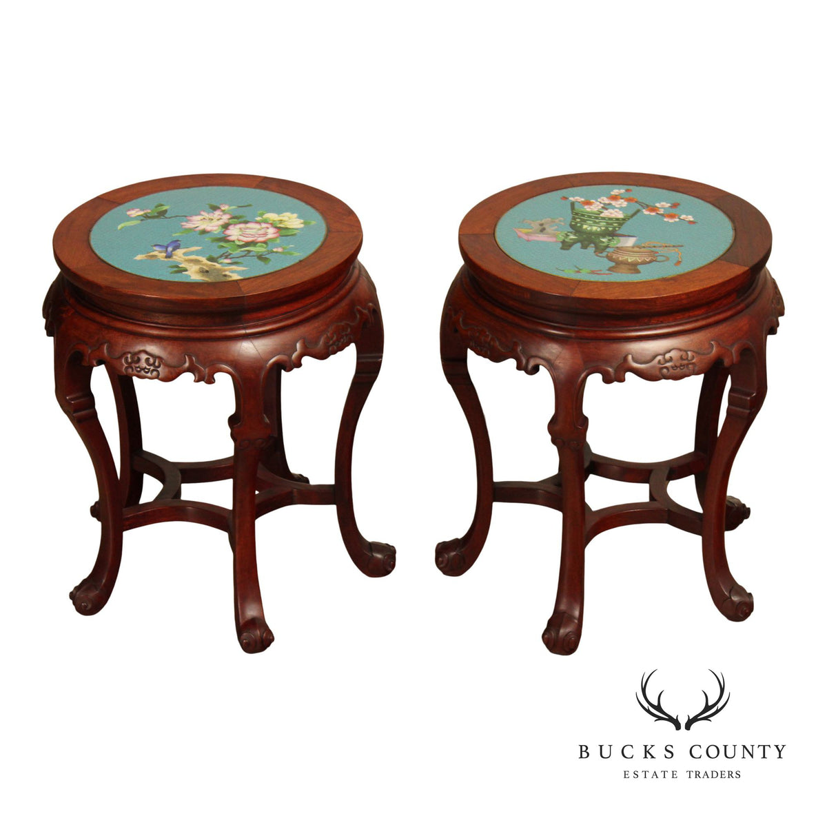 Pair of Chinese Style Cloisonné Inset Top Hardwood Accent Tables