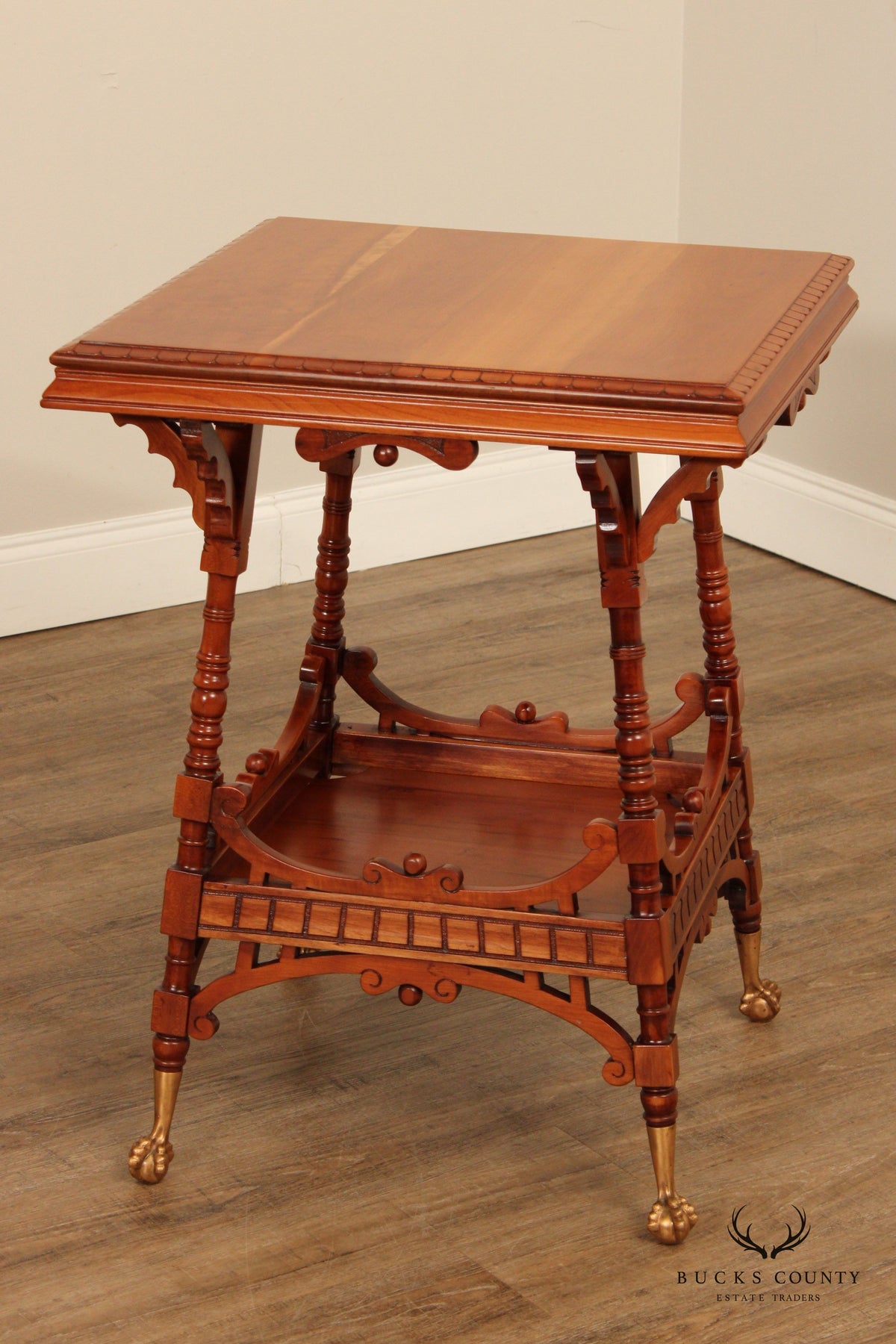 Antique Victorian Carved Cherry Two-Tier Lamp Table