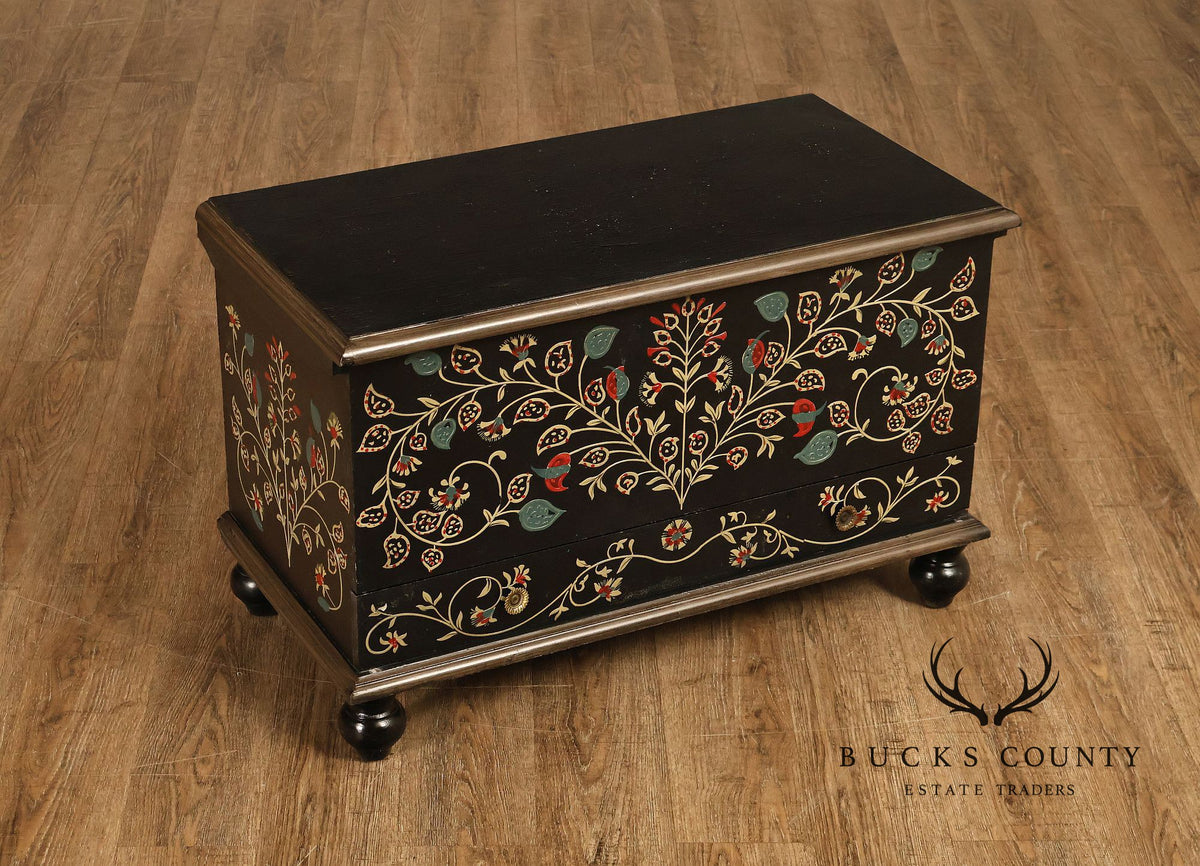Hand Painted Black Floral Decorated Blanket Chest With Drawer
