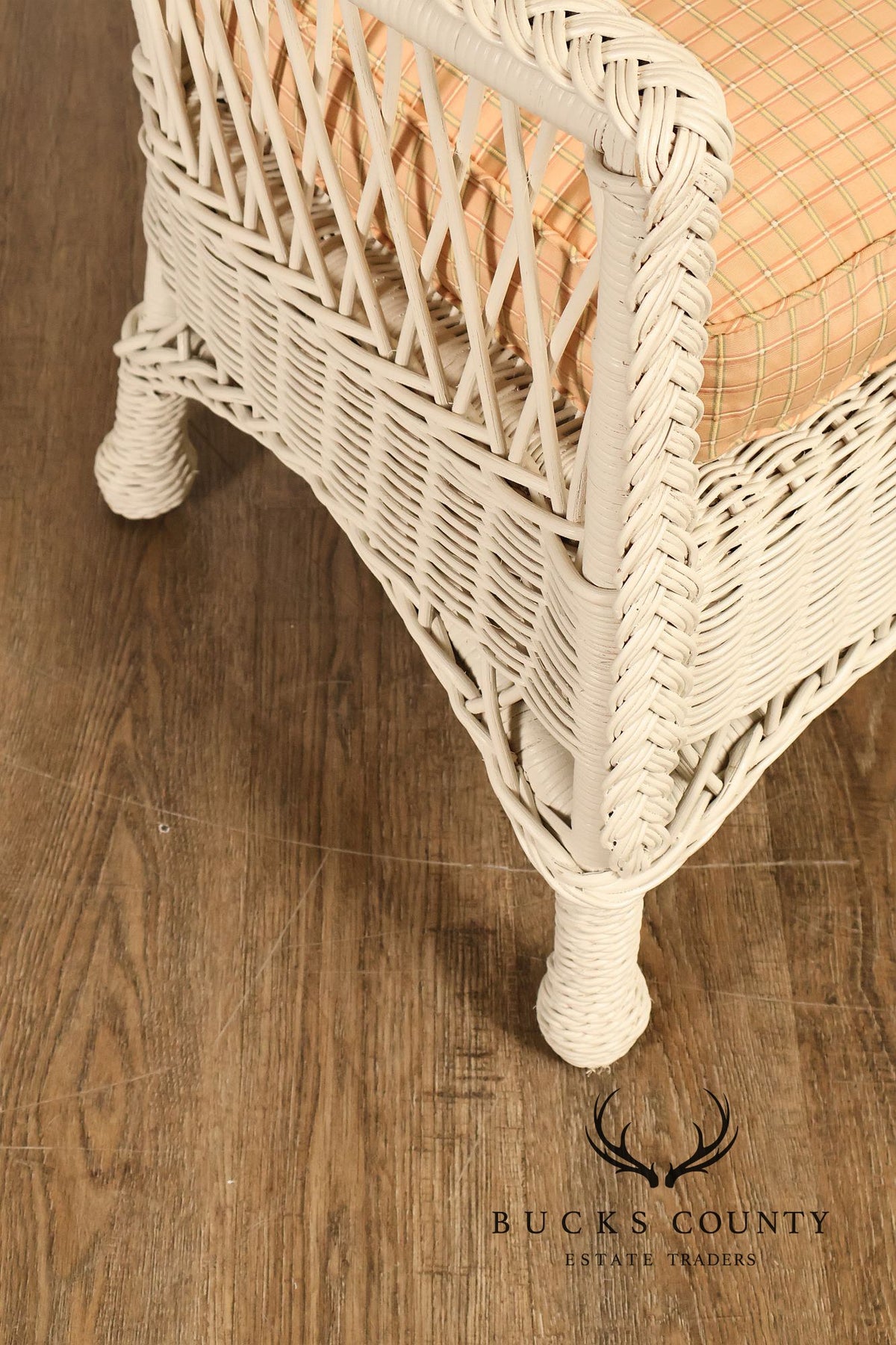 Vintage White Wicker Loveseat With Upholstered Seat Cushion