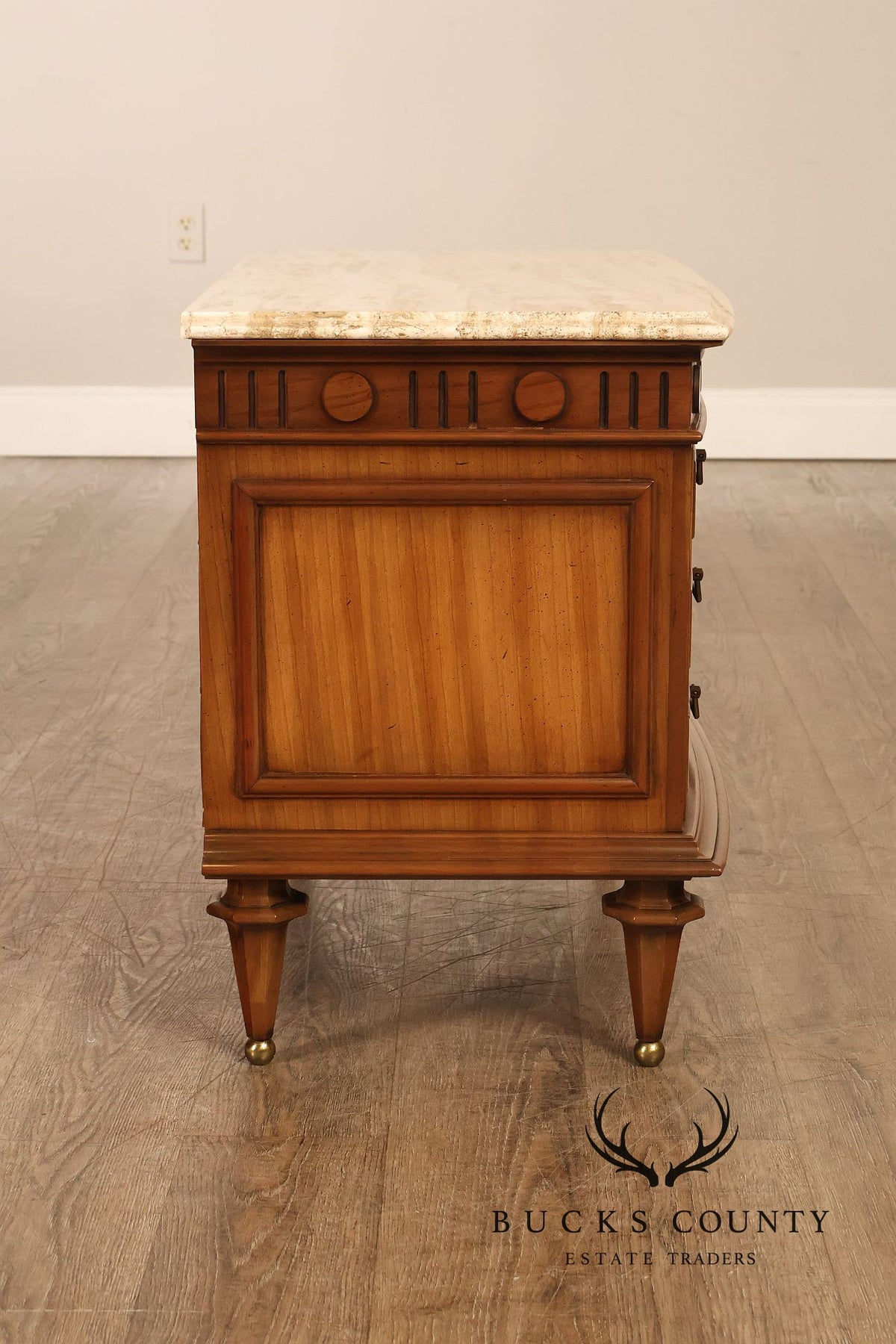 Pair Of Neoclassical Style Travertine Top Three Drawer Nightstands