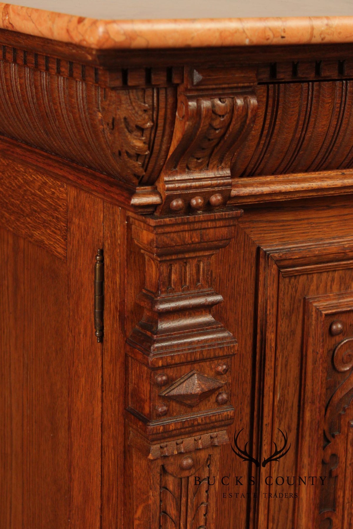 Antique German Renaissance Revival Carved Oak Marble Top Cabinet